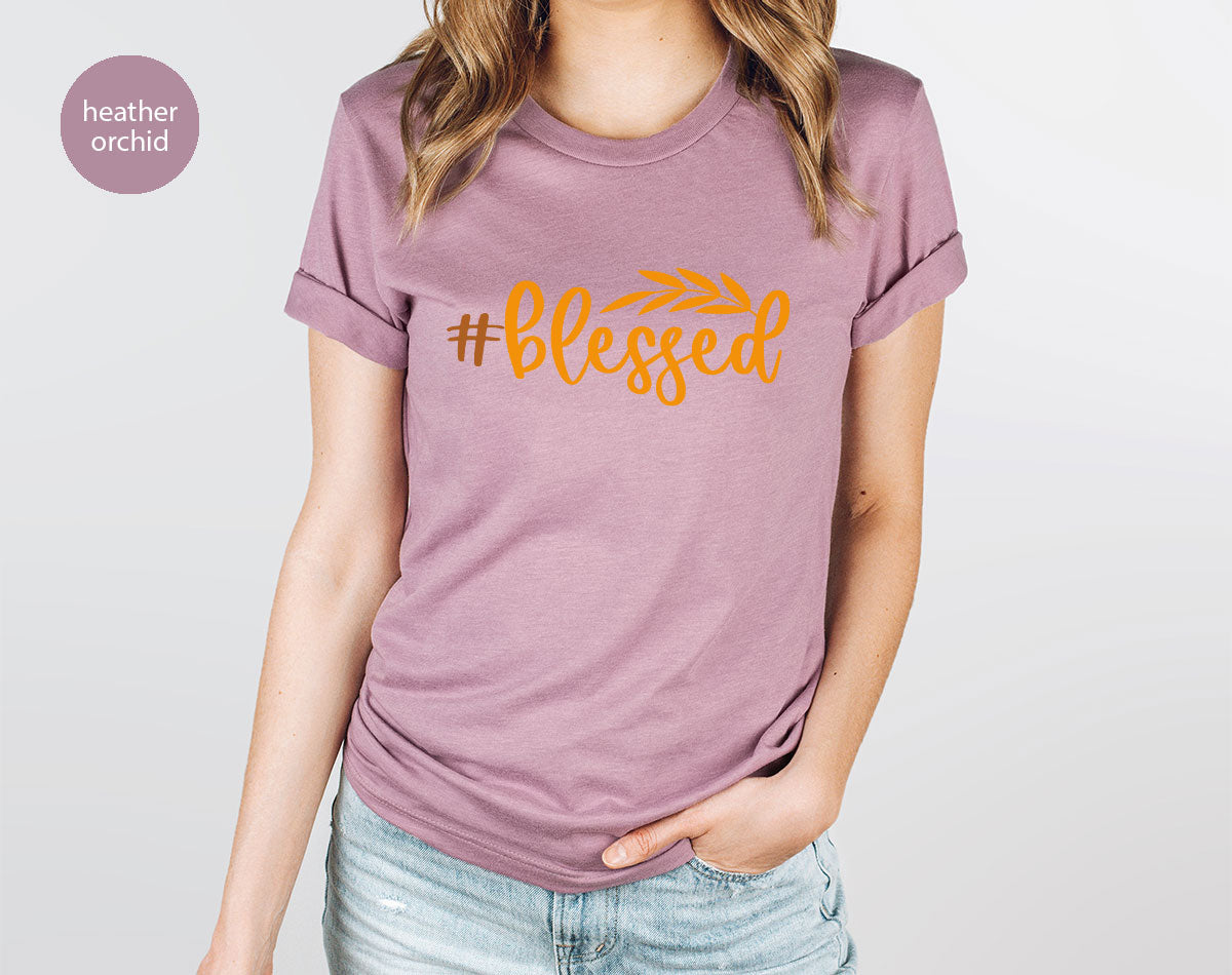 Cute Blessed T-Shirt, Fall Leaves Graphic Tees, Gift for Her, Womens Autumn Clothing, Thanksgiving Sweatshirt, Girls Vneck Tshirts