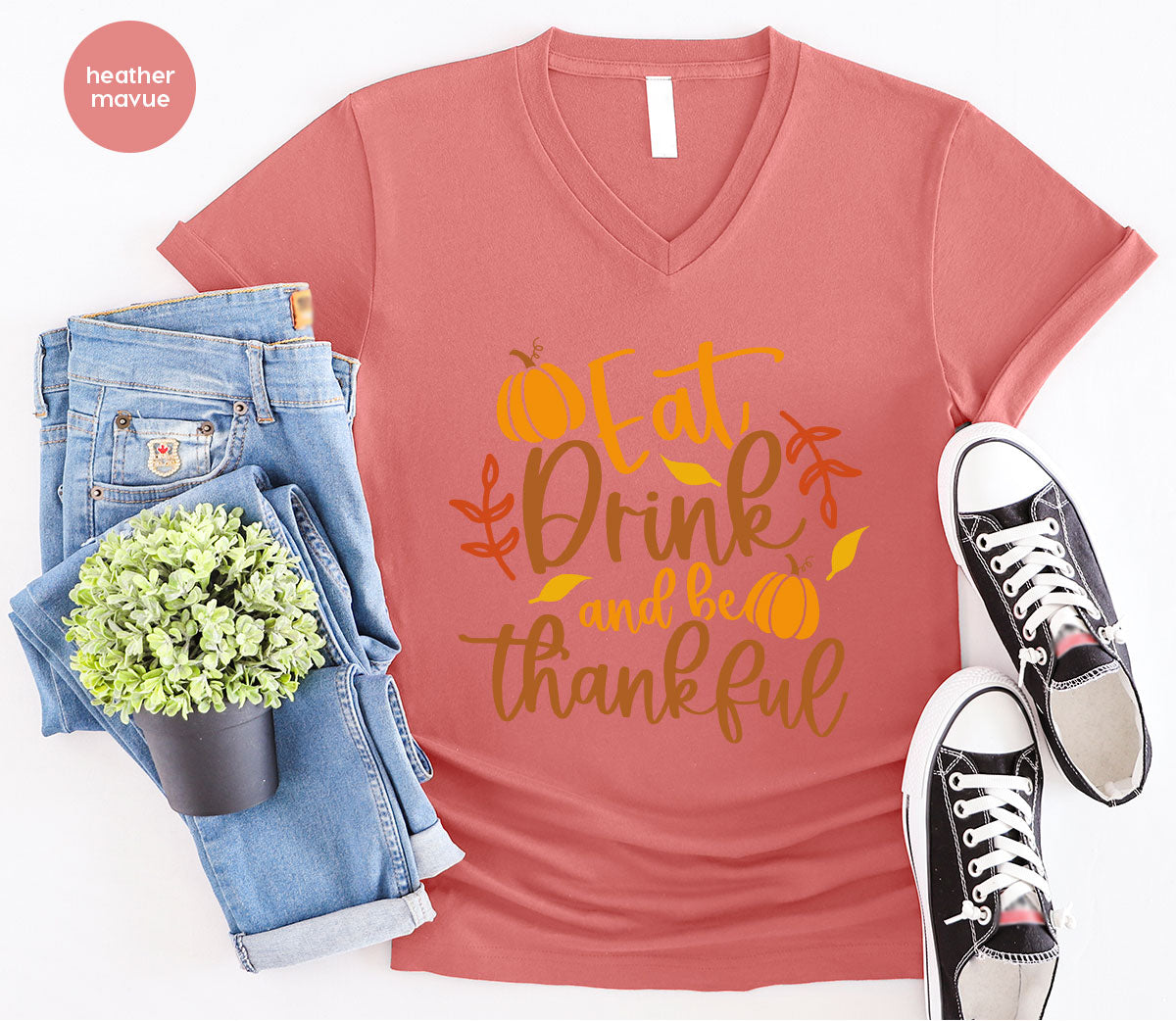 Cute Pumpkin T-Shirt, Fall Graphic Tees, Thankful Gifts, Thanksgiving Outfits, Autumn Crewneck Sweatshirt, Fall Leaves Vneck Shirt