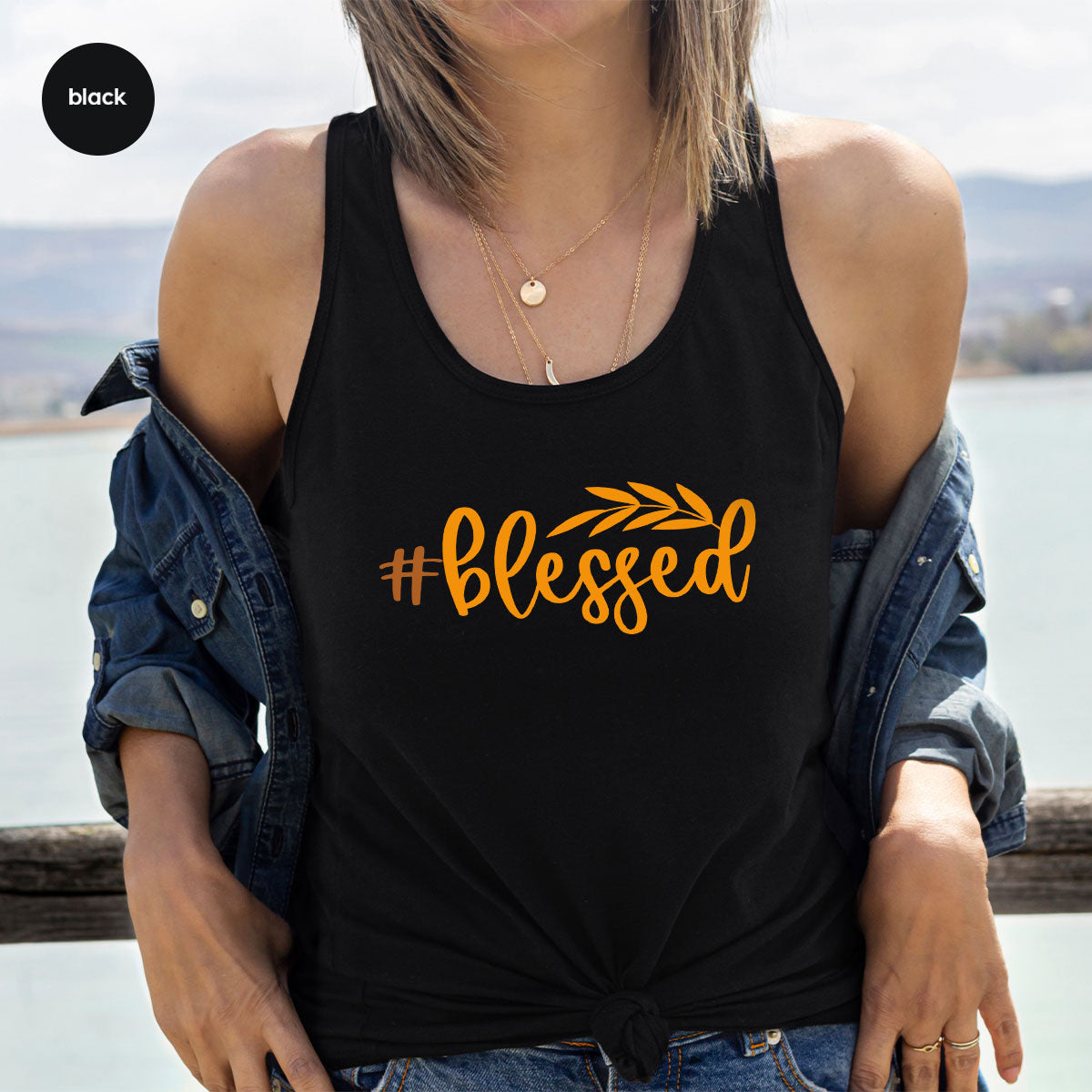 Cute Blessed T-Shirt, Fall Leaves Graphic Tees, Gift for Her, Womens Autumn Clothing, Thanksgiving Sweatshirt, Girls Vneck Tshirts