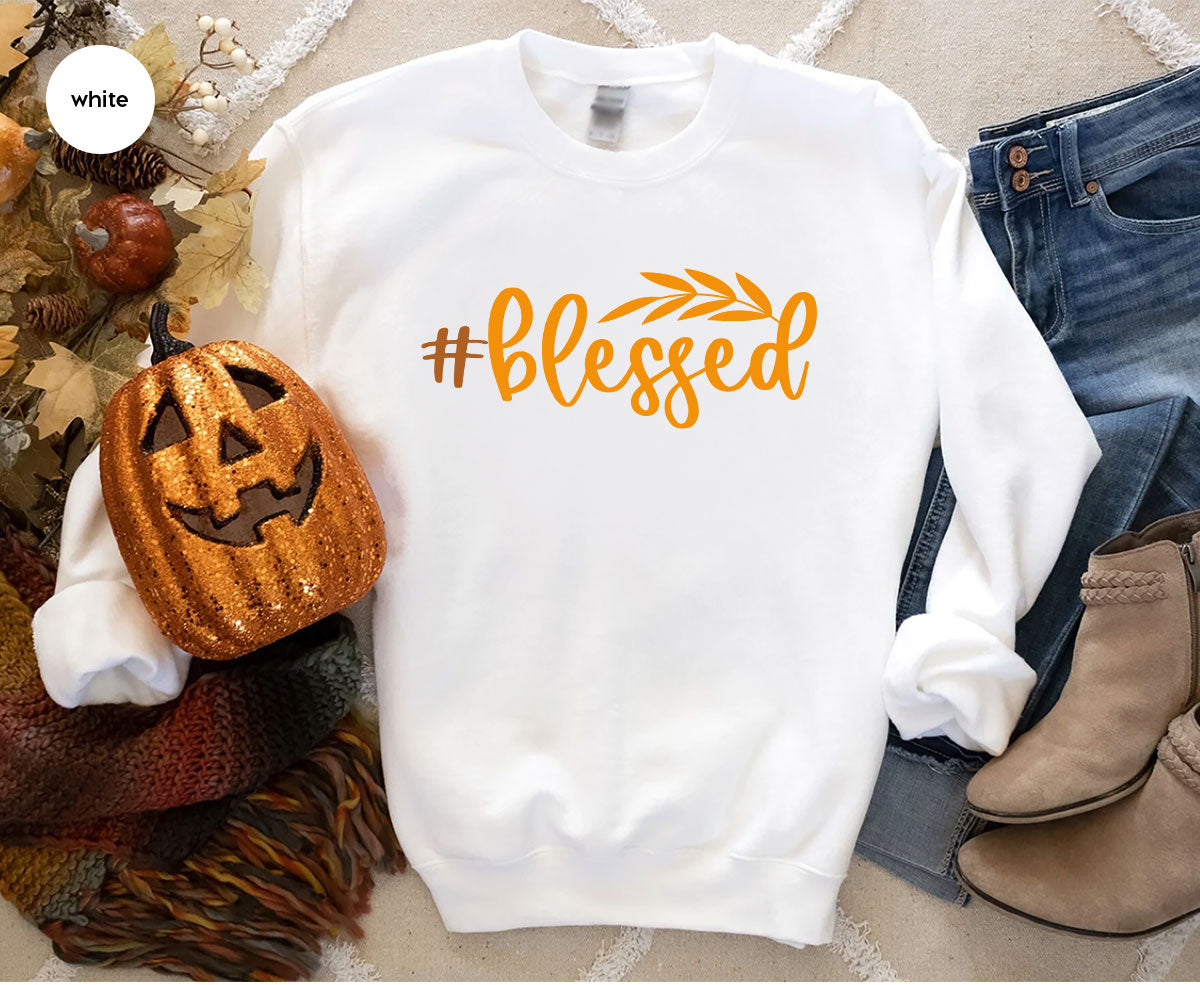 Cute Blessed T-Shirt, Fall Leaves Graphic Tees, Gift for Her, Womens Autumn Clothing, Thanksgiving Sweatshirt, Girls Vneck Tshirts