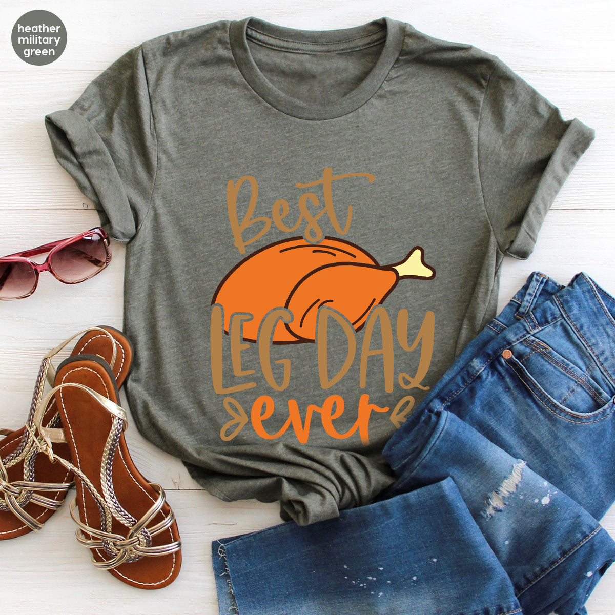 Funny Thanksgiving Shirts, Turkey Graphic Tees, Fall Crewneck Sweatshirt, Autumn Outfit, Matching Family TShirts, Best Leg Day Ever T-Shirt