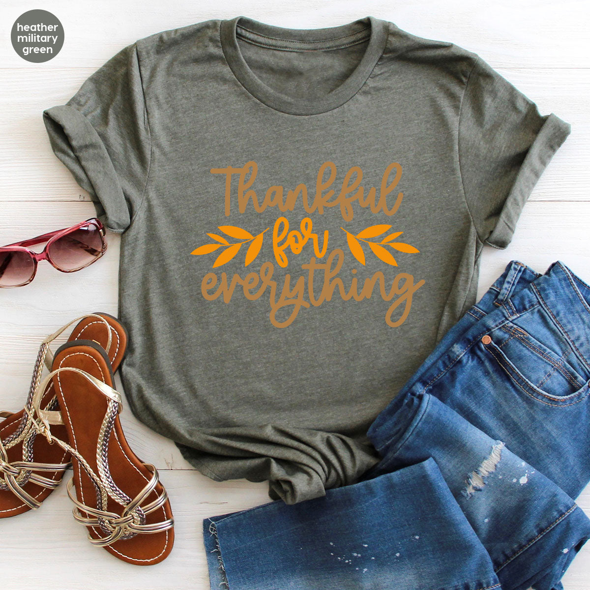 Thanksgiving T Shirts, Gifts for Her, Fall Leaves Graphic Tees, Autumn Clothing, Thankful for Everything T-Shirt, Womens Vneck TShirt