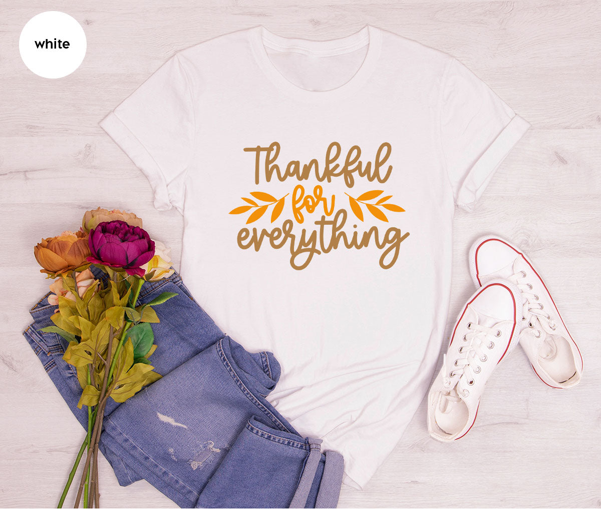 Thanksgiving T Shirts, Gifts for Her, Fall Leaves Graphic Tees, Autumn Clothing, Thankful for Everything T-Shirt, Womens Vneck TShirt