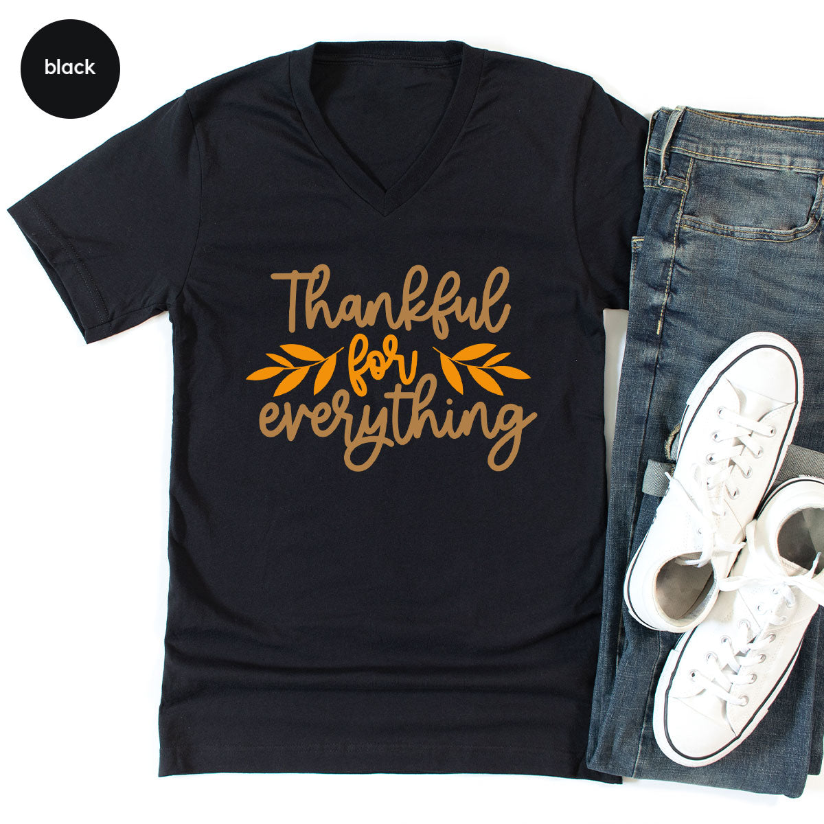 Thanksgiving T Shirts, Gifts for Her, Fall Leaves Graphic Tees, Autumn Clothing, Thankful for Everything T-Shirt, Womens Vneck TShirt