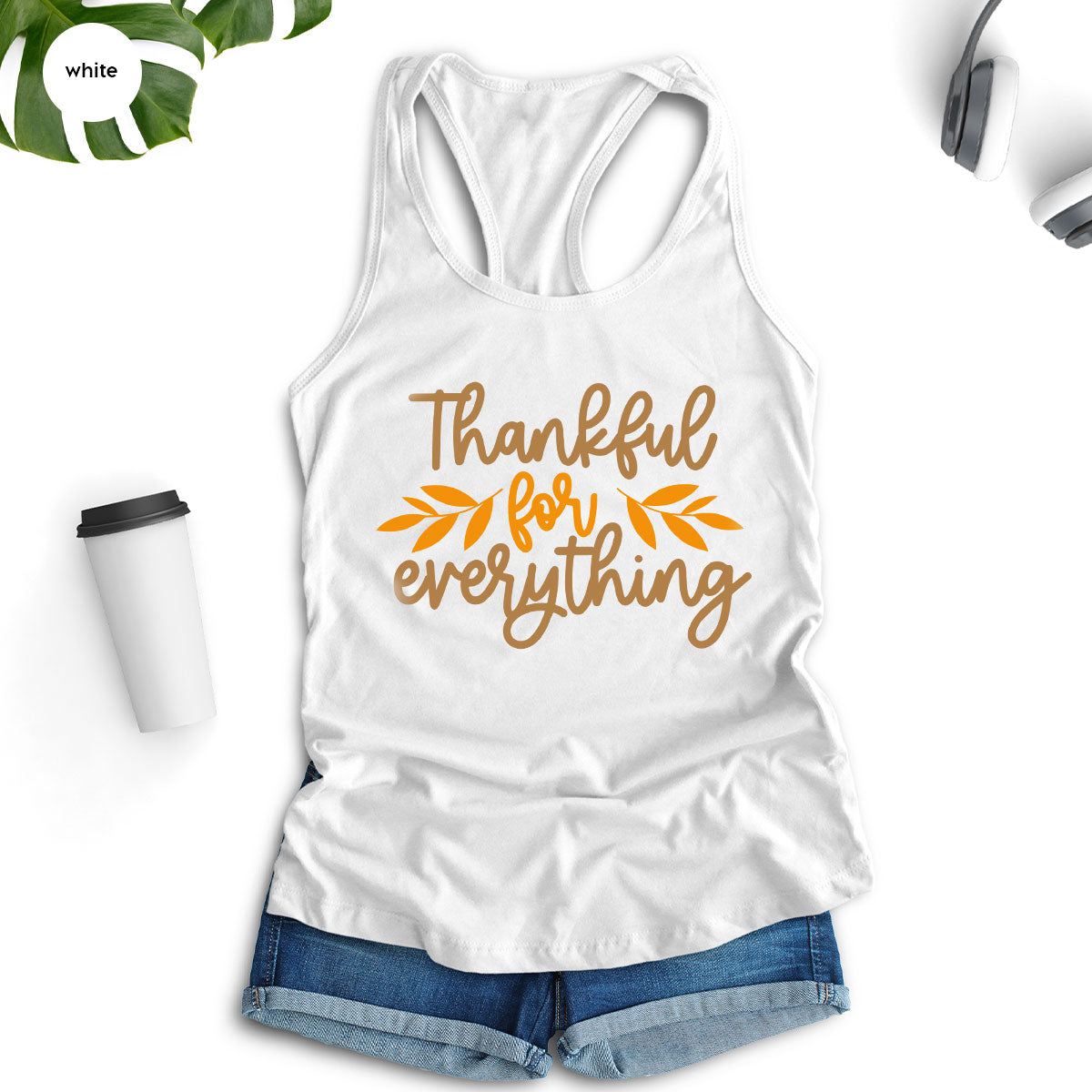 Thanksgiving T Shirts, Gifts for Her, Fall Leaves Graphic Tees, Autumn Clothing, Thankful for Everything T-Shirt, Womens Vneck TShirt