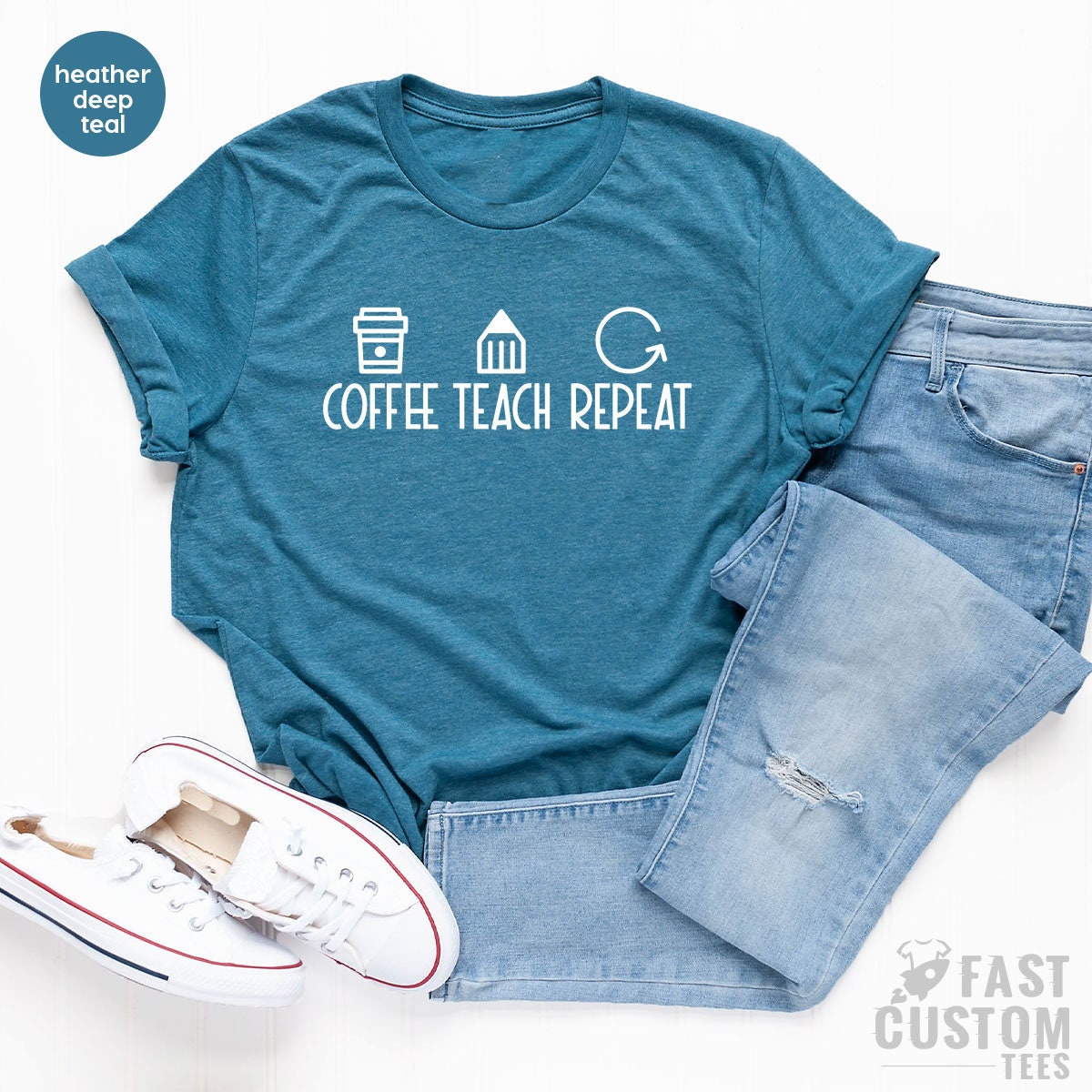 Coffee Teach Repeat Shirt, Teacher Gifts, Funny Teacher Shirt, Teacher Appreciation Gift, Kindergarten Teacher Tee, Elementary Teacher Shirt - Fastdeliverytees.com