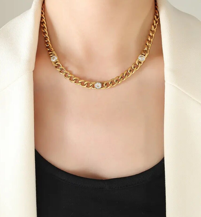 Gold Chain Choker Necklace for Women, Gold Plated Silver Link Choker Necklace with Cubic Zirconia Stones, Dainty Chokers for Women and Girls